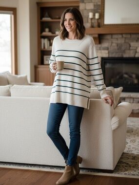 Penningtons Cream and Green Stripped Crewneck Knit Sweater 4X